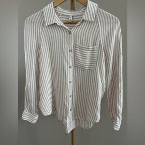Gentle Fawn Beige White Striped Button Down Blouse 2XS XS Rayon Lightweight Casu